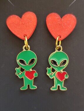 Handmade Metal Heart Alien Earrings